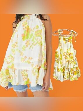 Free People Fleur Dress Top Sz M Cotton Gauze Tiered Tie Shoulder Boho Cottage